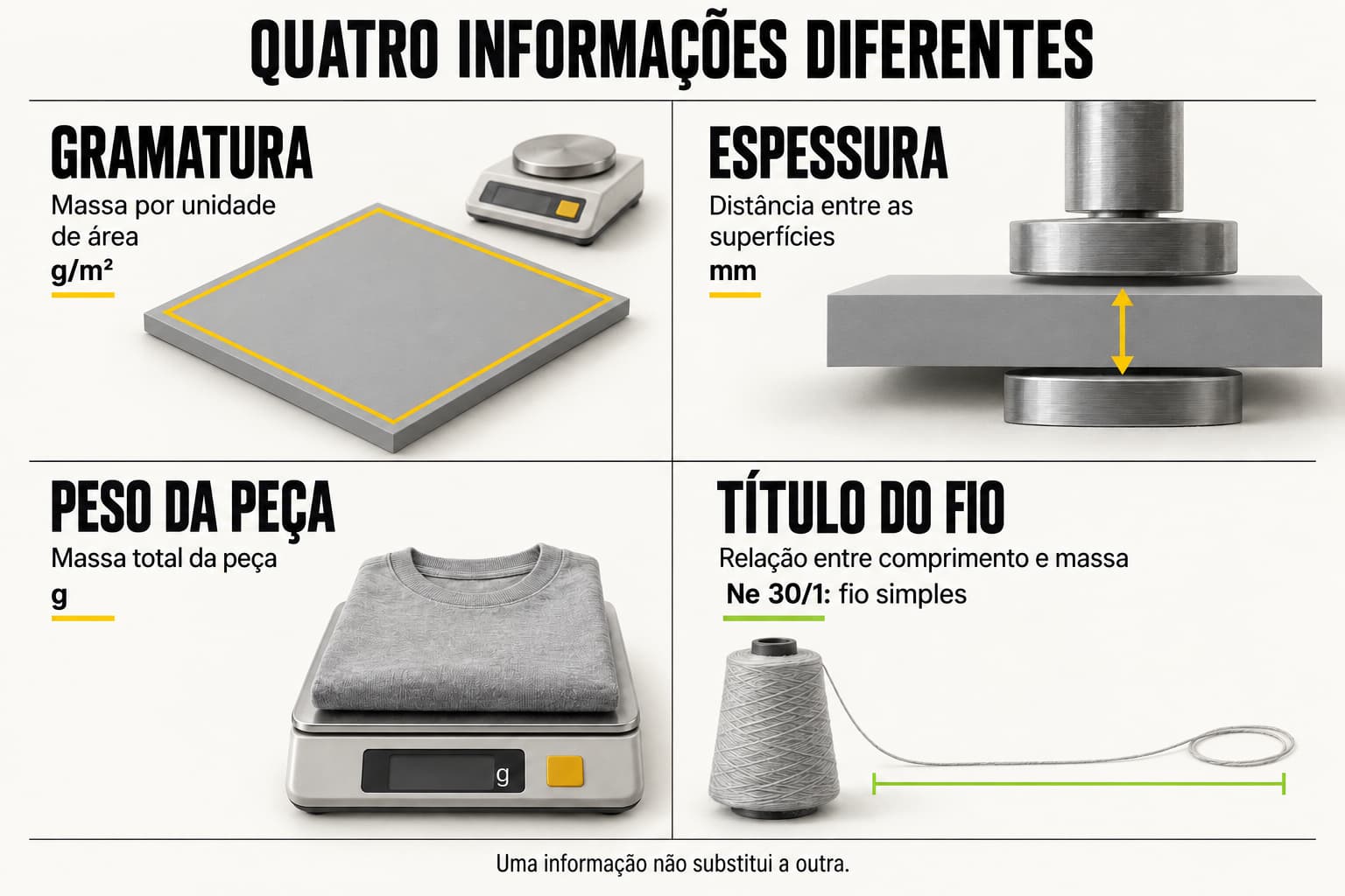 Infográfico diferencia gramatura, espessura, peso da peça e título do fio, com suas unidades e definições essenciais.