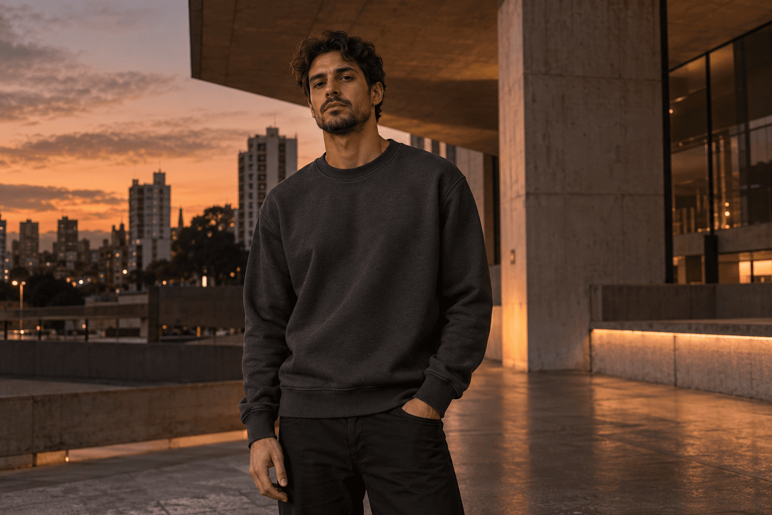 Modelo veste moletom grafite em cenário urbano ao entardecer